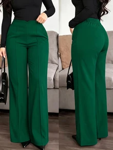 SHEIN LUNE Plus Size Women's Solid Color Casual Kawaii Elegant Versatile Daily Wide Leg Pants Fall Office Dark Green - Mint Green - View 4