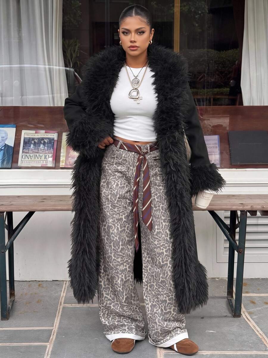 Muchica Plus Size Fashion Faux Fur Long Sleeve Streetwear Thick Coat Winter - Black - View 1