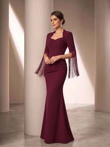 Serin Elegant Burgundy Stretch Rhinestone Beaded Ruched Fringe Tassel Long Sleeve Slit Bodycon Mermaid Autumn Wedding Guest Mother Of The Bride Evening Gown - Burgundy - View 5
