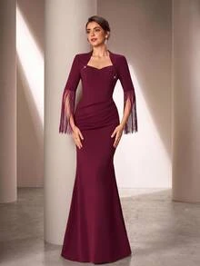 Serin Elegant Burgundy Stretch Rhinestone Beaded Ruched Fringe Tassel Long Sleeve Slit Bodycon Mermaid Autumn Wedding Guest Mother Of The Bride Evening Gown - Burgundy - View 2