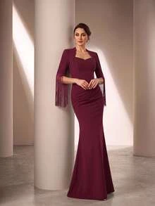 Serin Elegant Burgundy Stretch Rhinestone Beaded Ruched Fringe Tassel Long Sleeve Slit Bodycon Mermaid Autumn Wedding Guest Mother Of The Bride Evening Gown - Burgundy - View 4