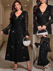 Reflora Plus Size Women Solid Color Sequin Bell Sleeve Back Neck Tie Design Elegant Dress New Year Christmas Cocktail Formal Evening Black Fall - Brown - View 2