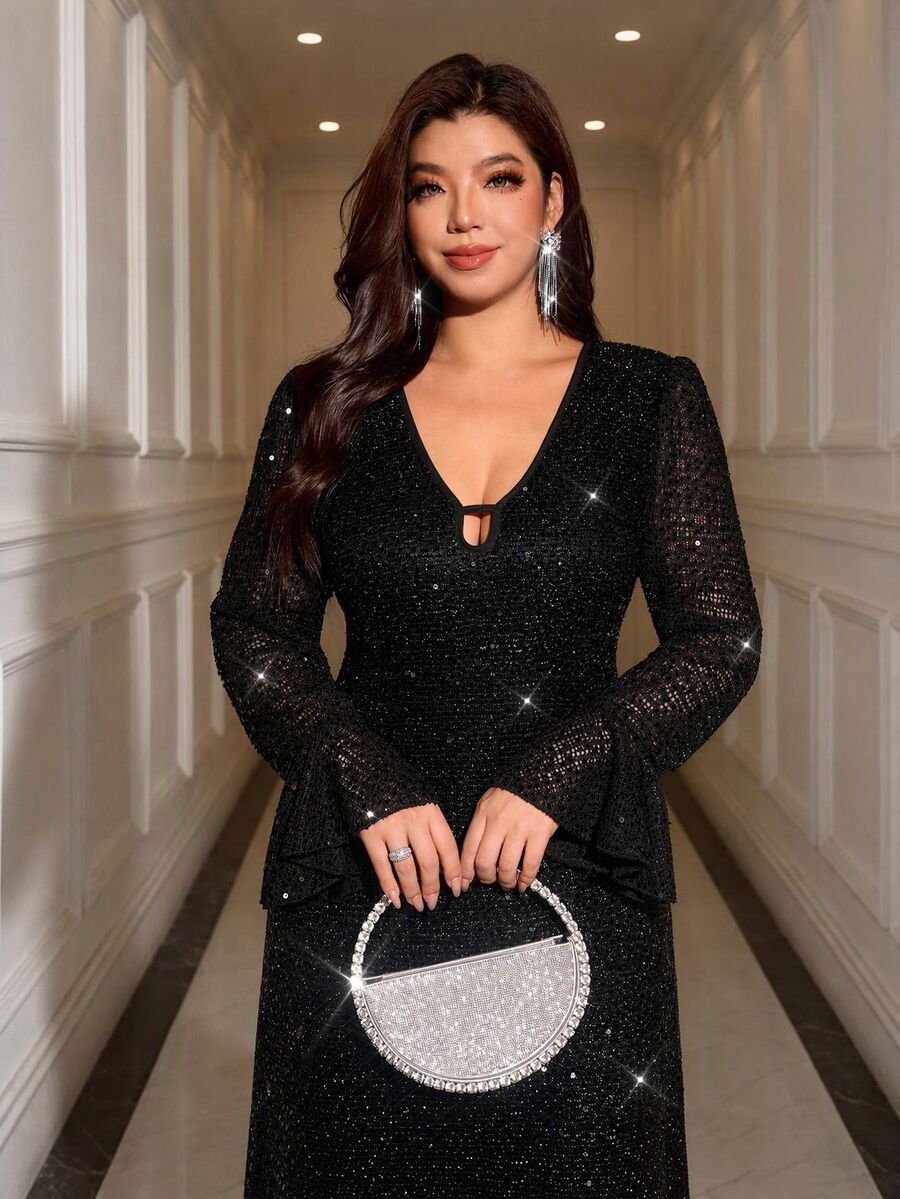 Reflora Plus Size Women Solid Color Sequin Bell Sleeve Back Neck Tie Design Elegant Dress New Year Christmas Cocktail Formal Evening Black Fall - Brown - View 1