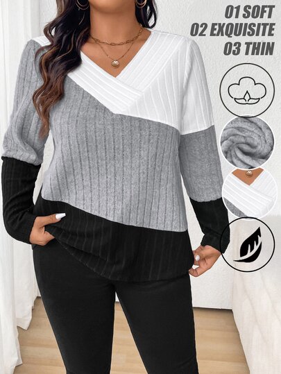 Plus Size Color Blocking T-Shirt For Spring And Autumn Graphic Tees Women Tops Fall Cloth For Women