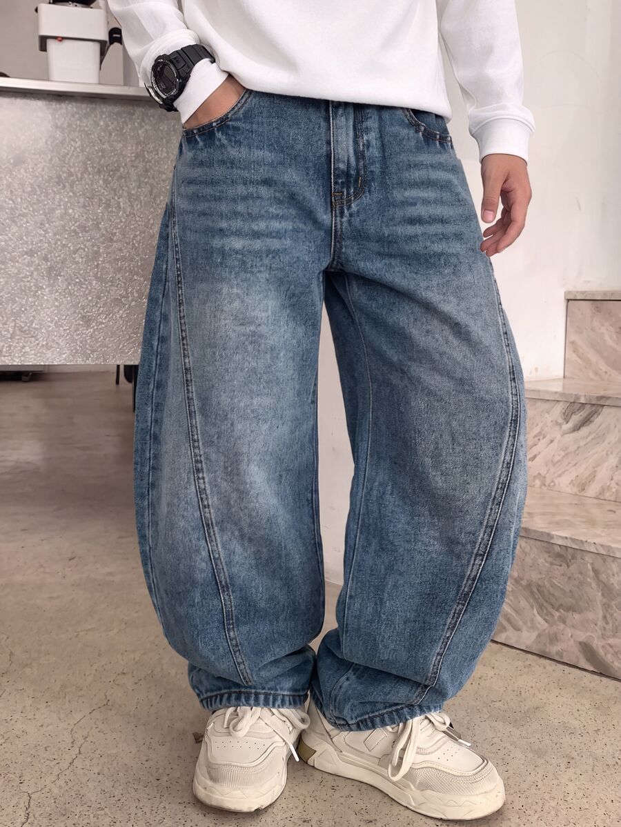 Tween Boys All-Season American Vintage Casual Frayed Hem High Street Embroidered Washed Soft Denim Loose Curved Leg Pants Fall Light Blue - Light Wash - View 1
