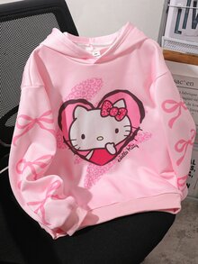HELLO KITTY AND FRIENDS | SHEIN بلوزة رياضية هوديي بولوفر محبوكة للبنات بطبعة فيونكة وردية كاجوال للاستخدام اليومي في الخريف - متعدد الألوان - مشاهدة 4