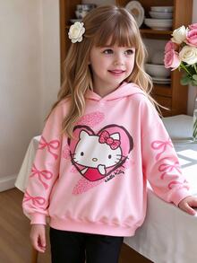 HELLO KITTY AND FRIENDS | SHEIN بلوزة رياضية هوديي بولوفر محبوكة للبنات بطبعة فيونكة وردية كاجوال للاستخدام اليومي في الخريف - متعدد الألوان - مشاهدة 3