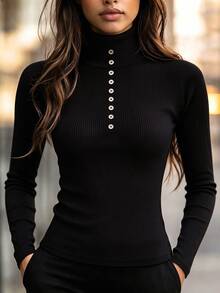 SHEIN Premium Black Button Long Sleeve Knit Top, Slim Fit, French Style Basic, Elegant Casual Commuter Top, Fall Fitness Essential Office - Black - View 1