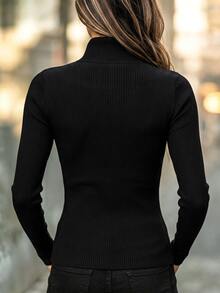 SHEIN Premium Black Button Long Sleeve Knit Top, Slim Fit, French Style Basic, Elegant Casual Commuter Top, Fall Fitness Essential Office - Black - View 2