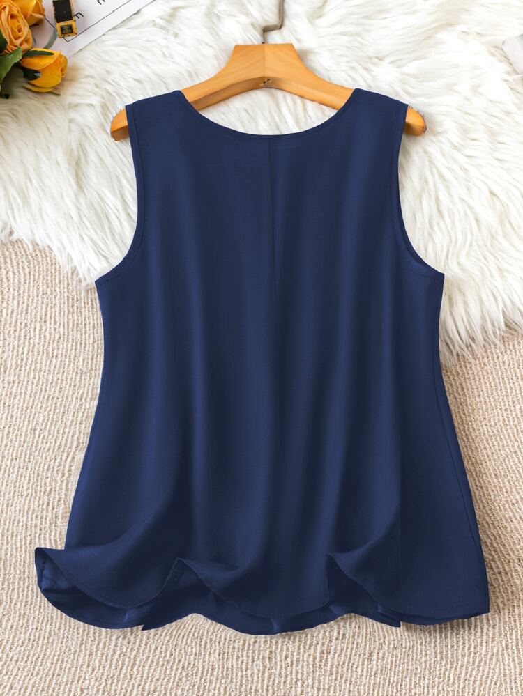 SHEIN LUNE Plus Size Solid Color Lace Patchwork Round Neck Summer Casual Top - Navy Blue - View 2