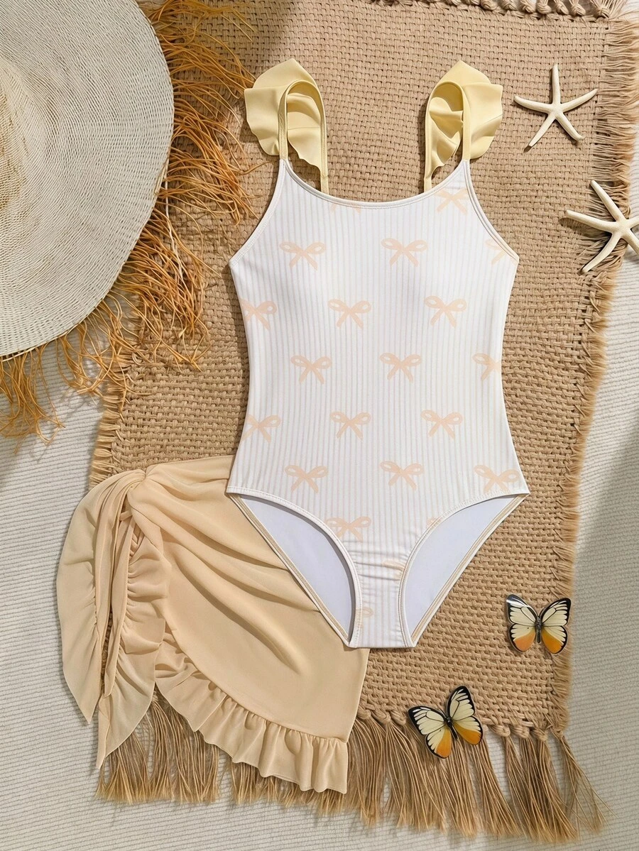 SHEIN Tween Girls Cute Bow Tie Print Shoulder Strap Floral Trim One-Piece Swimsuit With Ruffle Skirt, Suitable For Swimming, Vacation, Summer Beach