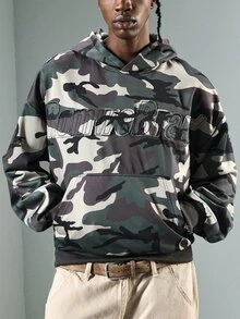 ROMWE MEN 男士迷彩印花長袖字母拼接連帽衛衣 - 軍綠色 - 查看 8