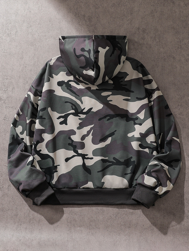 ROMWE MEN Men's Camouflage Print Long Sleeve Letter Patchwork Hooded Sweatshirt - Army Green - View 9