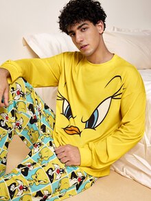 LOONEY TUNES X SHEIN Men's Cartoon Print Long Sleeve Top And Pants Casual Daily Loungewear Set - Yellow - View 5