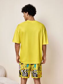LOONEY TUNES X SHEIN طقم ملابس منزلية من تي شيرت مطبوع بشخصية كرتونية تيتي من لوني تونز وشورت بطبعة شاملة - أصفر - مشاهدة 2