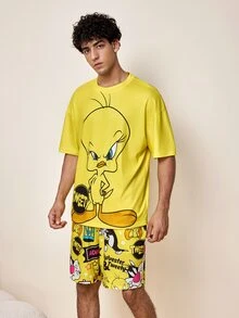 LOONEY TUNES X SHEIN طقم ملابس منزلية من تي شيرت مطبوع بشخصية كرتونية تيتي من لوني تونز وشورت بطبعة شاملة - أصفر - مشاهدة 3