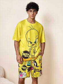 LOONEY TUNES X SHEIN طقم ملابس منزلية من تي شيرت مطبوع بشخصية كرتونية تيتي من لوني تونز وشورت بطبعة شاملة - أصفر - مشاهدة 1