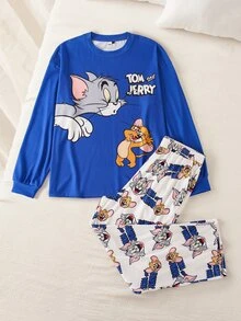 TOM & JERRY X SHEIN طقم ملابس منزلية رجالي بطبعة حروف وأكمام طويلة - الأزرق - مشاهدة 6