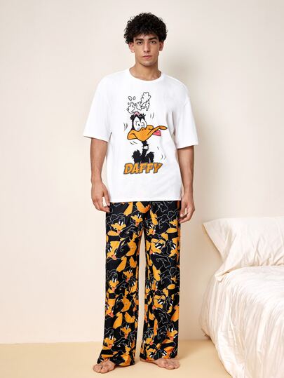 LOONEY TUNES X SHEIN Férfi betűs rajzfilm mintás rövid ujjú felső és hosszú nadrág hétköznapi otthoni viselet szett