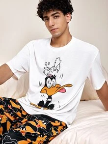 LOONEY TUNES X SHEIN Men's Letter Cartoon Print Short Sleeve Top And Long Pants Casual Daily Home Wear Set - Black and White - View 5