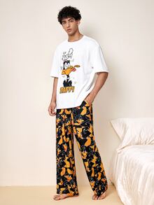 LOONEY TUNES X SHEIN Men's Letter Cartoon Print Short Sleeve Top And Long Pants Casual Daily Home Wear Set - Black and White - View 3