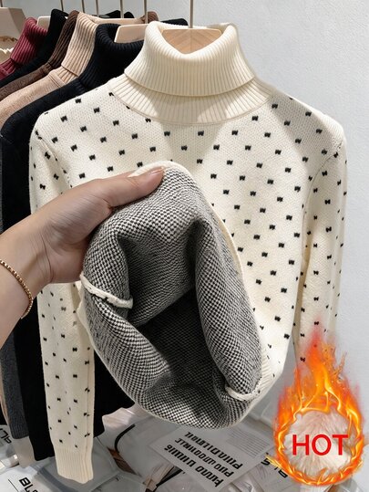 SHEIN Franclia Women's New Autumn & Winter Knitted Sweater With Contrasting Polka Dots. White Turtleneck Design, Tailored Waist To Slim Your Figure. Made Of Soft Wa