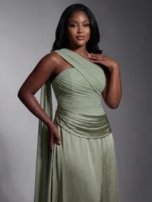 Elitara Plus Size Elegant Formal Romantic Sexy Sage Green Elastic Mesh Fabric Satin Patchwork Cup A-Line Pleated Party Wedding Guest Evening Prom Dress Fall - Green - View 2
