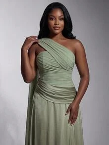 Elitara Plus Size Elegant Formal Romantic Sexy Sage Green Elastic Mesh Fabric Satin Patchwork Cup A-Line Pleated Party Wedding Guest Evening Prom Dress Fall - Green - View 3