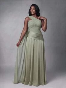 Elitara Plus Size Elegant Formal Romantic Sexy Sage Green Elastic Mesh Fabric Satin Patchwork Cup A-Line Pleated Party Wedding Guest Evening Prom Dress Fall - Green - View 7