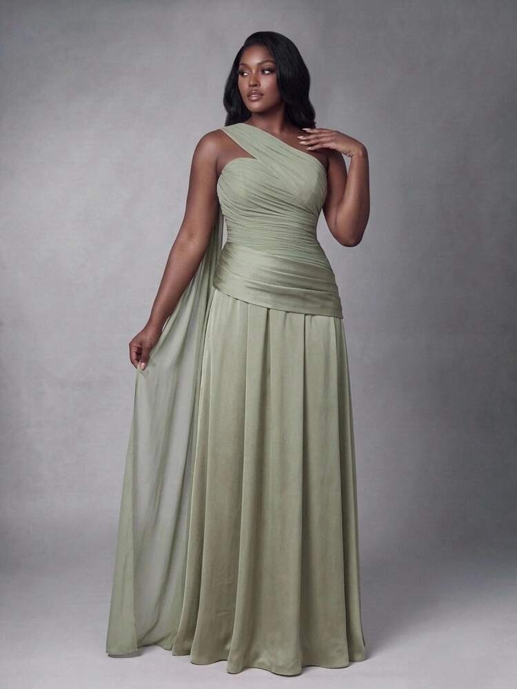 Elitara Plus Size Elegant Formal Romantic Sexy Sage Green Elastic Mesh Fabric Satin Patchwork Cup A-Line Pleated Party Wedding Guest Evening Prom Dress Fall - Green - View 6