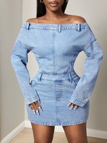 BamGleam Women's Off-Shoulder Cinched Waist Denim Dress Night Out Light Blue Sexy Casual - Blue - View 1