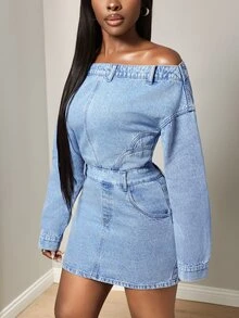 BamGleam Women's Off-Shoulder Cinched Waist Denim Dress Night Out Light Blue Sexy Casual - Blue - View 3