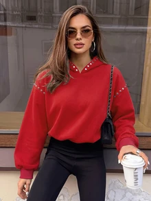 Avenya Fall/Winter Rivet Trim Hooded Sweatshirt, Slouchy Loose Fit Slimming Long Sleeve, Streetwear Beaded Oversize Pullover Casual Airport Top Red - Red - View 3