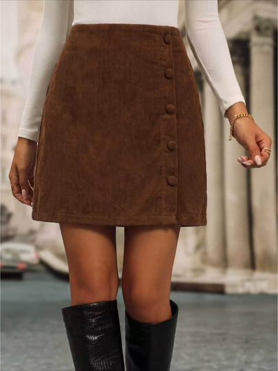 SHEIN LUNE 2026 Coffee Brown Fine Striped Corduroy Skirt Single-Side Button Design High Waist Slimming Commuter Autumn/Winter Women's A-Line Bodycon Thanksgiving