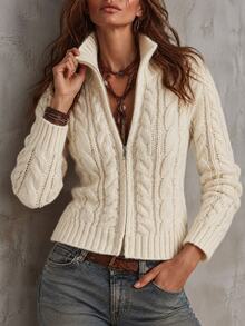 Solivie Women's Autumn/Winter High Neck Knit Cardigan White Top Winter Jacket Winter Clothes Boho White Top - White - View 3