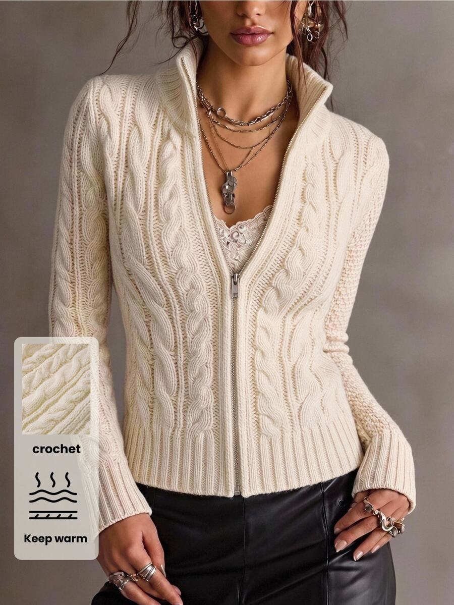 Solivie Women's Autumn/Winter High Neck Knit Cardigan White Top Winter Jacket Winter Clothes Boho White Top - White - View 1
