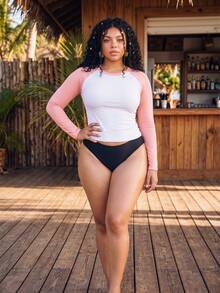 SHEIN Core Rhythm Plus Size Women's Solid Color One-Piece Long Sleeve Sports T-Shirt Tank Top Gym White Fall Curve Active Workout Alternative Baggy - Multicolor - View 4