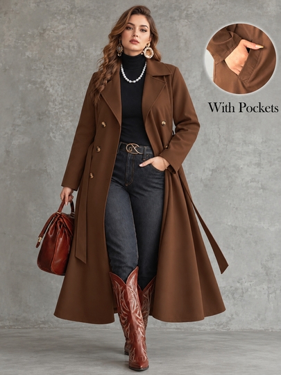 Elenzga Plus Size Women's Autumn/Winter Long Sleeve Pocket Cinched Waist Tie Brown Long Trench Coat, Versatile For Travel, Commuting, Outings And Home Wear