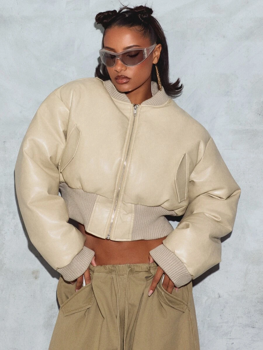 SUMWON WOMEN Oversized Faux Leather Bomber Jacket With Ribbed Trim And Cropped Silhouette For Fall Winter Layering - Beige - View 1