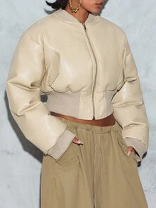 SUMWON WOMEN Oversized Faux Leather Bomber Jacket With Ribbed Trim And Cropped Silhouette For Fall Winter Layering - Beige - View 3