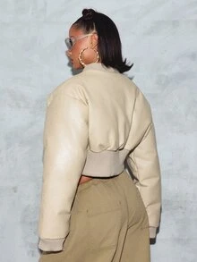 SUMWON WOMEN Oversized Faux Leather Bomber Jacket With Ribbed Trim And Cropped Silhouette For Fall Winter Layering - Beige - View 4