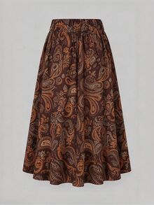 Linhara CURVE Fashionable Printed Commuter Wide Waist Tie A-Line Skirt Plus Size Women Brown Autumn/Winter - Brown - View 2