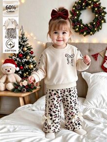 SHEIN Baby Girl New Autumn 2 Pieces Set, Vintage Cute Apricot Bow Long Sleeve Sweatshirt + Leopard Print Pants - Multicolor - View 4