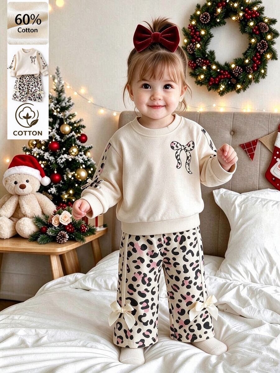 SHEIN Baby Girl New Autumn 2 Pieces Set, Vintage Cute Apricot Bow Long Sleeve Sweatshirt + Leopard Print Pants - Multicolor - View 1