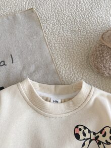 SHEIN Baby Girl New Autumn 2 Pieces Set, Vintage Cute Apricot Bow Long Sleeve Sweatshirt + Leopard Print Pants - Multicolor - View 7