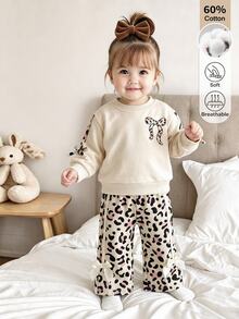 SHEIN Baby Girl New Autumn 2 Pieces Set, Vintage Cute Apricot Bow Long Sleeve Sweatshirt + Leopard Print Pants - Multicolor - View 6