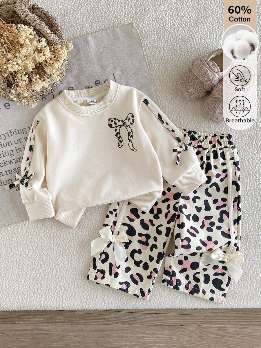 SHEIN Baby Girl New Autumn 2 Pieces Set, Vintage Cute Apricot Bow Long Sleeve Sweatshirt + Leopard Print Pants