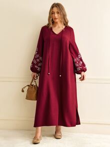 Écloséra Curve Plus Size Women's French Vintage Burgundy Puff Lantern Long Sleeve Dress With 3D Embroidered Collar, Bowknot Neckline, Loose Fit, Ruffle Elastic Cuffs, Suitable For Daily Commute, Dating, Party, Outing, Inner Layer Or Outer Wear - Burgundy - View 5