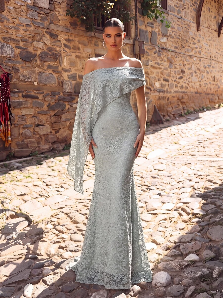 Aureia Elegant Luxurious Gray-Green Lace Asymmetrical Design Modified Flutter Sleeve Mermaid Dress Suitable For Wedding Bridesmaid Gown - Green - View 1