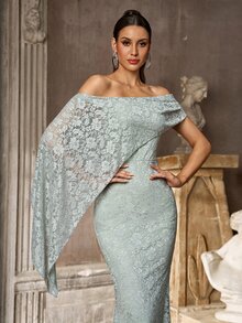 Aureia Elegant Luxurious Gray-Green Lace Asymmetrical Design Modified Flutter Sleeve Mermaid Dress Suitable For Wedding Bridesmaid Gown - Green - View 6